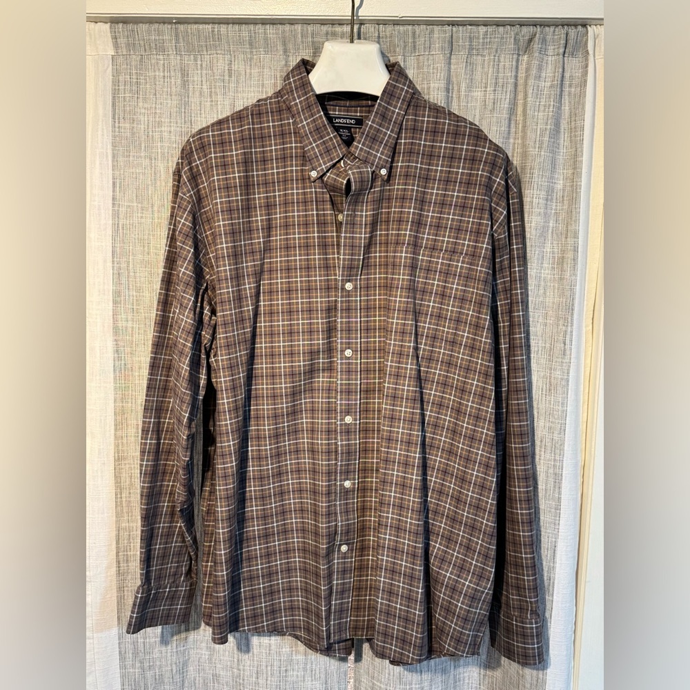 XXL, No Iron, Traditional Fit, Lands' End Men's Casual Plaid Shirt,Brown & Cream
